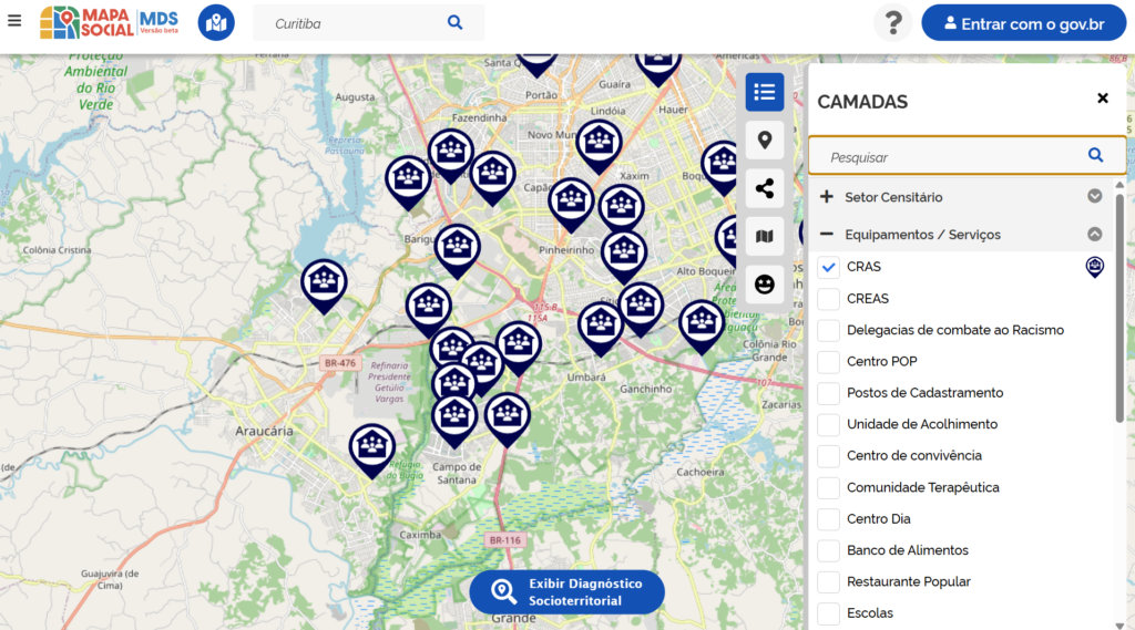 Mapa da cidade de Curitiba mostrando a localização de várias unidades do CRAS. 

O mapa é um print da ferramenta Mapa Social do Ministério do Desenvolvimento Social. 